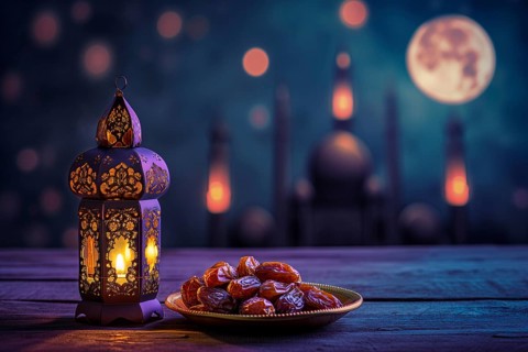 Ramadan lantern with a plate of succulent figs in violet purple tones with mosque and moon, set on