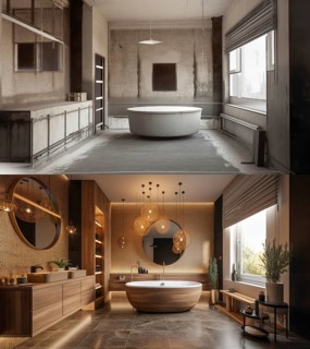 Luxurious custom bathroom upgrade interior before and after construction, generative AI, AI