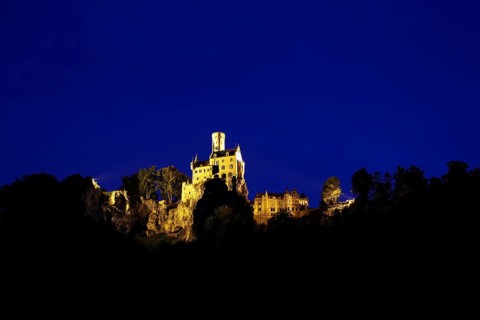 Lichtenstein Castle, night shot, artificial light, fairytale castle of Württemberg, illuminated,