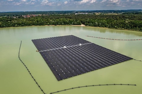Germany's largest floating solar power plant on the Silbersee III, a quarry pond no longer used for