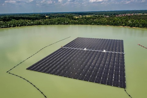 Germany's largest floating solar power plant on the Silbersee III, a quarry pond no longer used for
