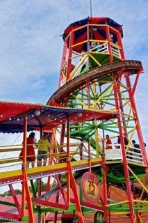 Tower with conveyor belt and slide, wooden slide Toboggan Konrad, traditional slide, ride at the