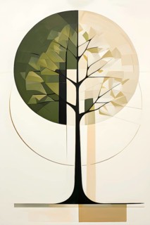 Abstract geometric tree with a circular canopy and a rectangular trunk, arranged in a clean,