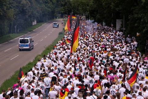 Fan march, from behind, German football fans march to the quarter-final Spain versus Germany, UEFA
