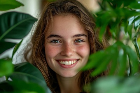Young woman between leaves of tropical houseplants. Generative Ai, AI generated