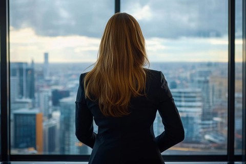 Back view of business woman looking out of window in office. Generative Ai, AI generated