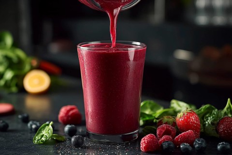 Close up of pink healthy smoothie drink being pured into a glass. Generative Ai, AI generated