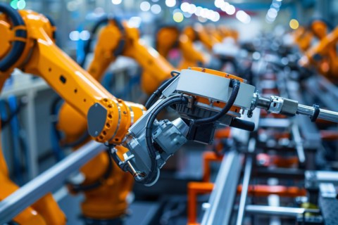 Mechanical arm performing work in factory. KI generiert, generiert, AI generated