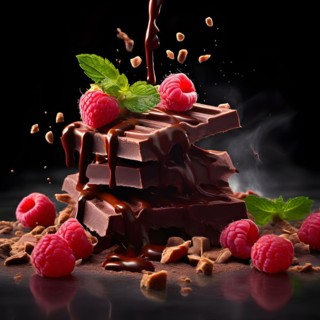 AI generated surreal food art blending a delicate raspberry teetering on the edge of an enormous