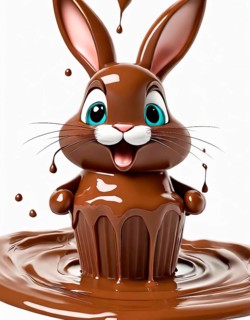 Cute funny little chocolate Easter bunny bathing in warm melting chocolate, AI generated, AI