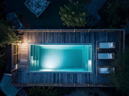 AI generated aerial view perpendicular top down of an wooden deck with a swimming pool at night