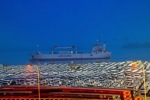Parking space for import vehicles, hundreds of Hyundai Ioniq, electric cars, waiting for onward