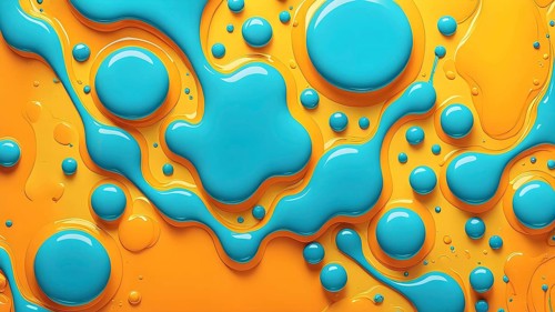 Abstract wallpaper with colorful turquoise and yellow blobs and liquid shapes on a orange