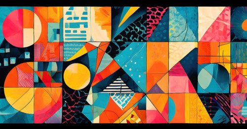 Vibrant patchwork of abstract shapes with pencil texture details, perfect for a variety of creative