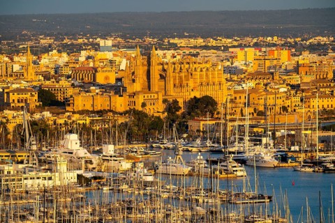 Panorama of Palma de Majorca, Bay of Palma, with the marina and the Cathedral of St Mary, Balearic