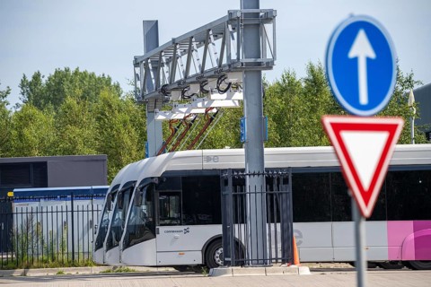 Fast charging station for electric buses at Amsterdam Schiphol Airport, the entire fleet of