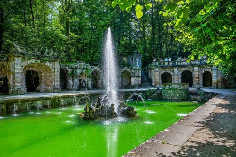 Lower Grotto with water features in the Hermitage Palace Park, Bayreuth, Upper Franconia,