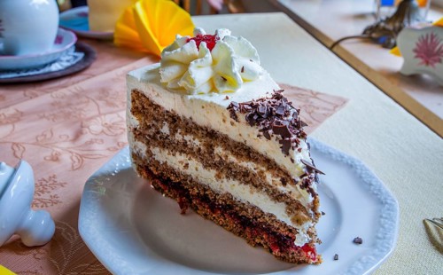 Traditional buckwheat cake at Cafe De Kaffeestuuv, Schneverdingen, Lüneburg Heath, Lower Saxony,