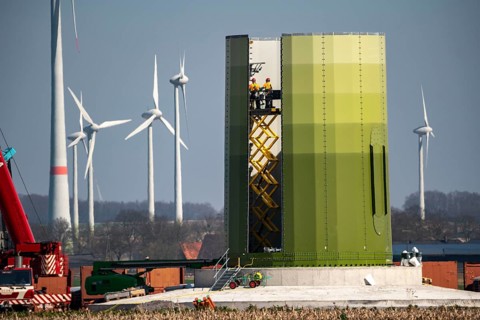 Construction of a wind turbine, Enercon steel pillar, near Kerken, Kleve district, Lower Rhine,