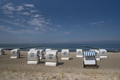 White beach chairs on the beach in Kühlungsborn, Mecklenburg-Vorpommern, Germany, Europe