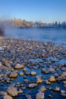Sunrise on the Isar, Isar floodplains in winter, near Arzbach, Lenggries, Upper Bavaria, Bavaria,