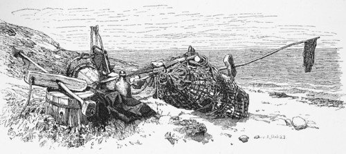 Eel trap on the beach, North Sea, shore, fishing, gear, eel, catch, net, barrel, flag, Germany,