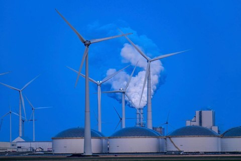 Vopak tank terminal in the industrial harbour of Eemshaven, RWE coal-fired power plant