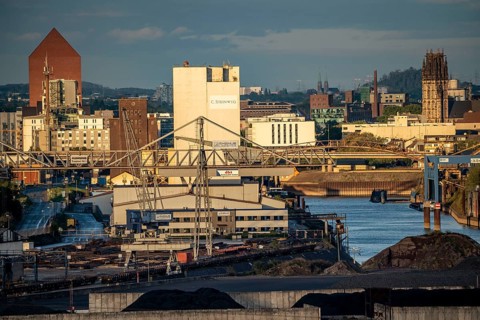 Duisburg harbours, Rheinkai Nord, outer harbour, behind the city centre with inner harbour, archive