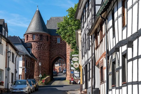 The Düren Tor, tower gate of the town fortifications of the town of Nideggen, Eifel, North