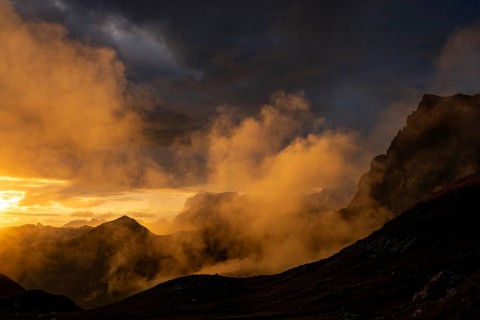 Montafon mountains with dramatic cloudy sky at sunset, Tschagguns, Rätikon, Montafon, Vorarlberg,