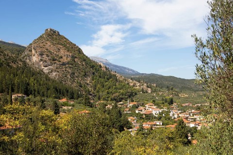 Citadel of the Byzantine ruined city of Mystras or Mistra on the Taygetos Mountains and Mistras at