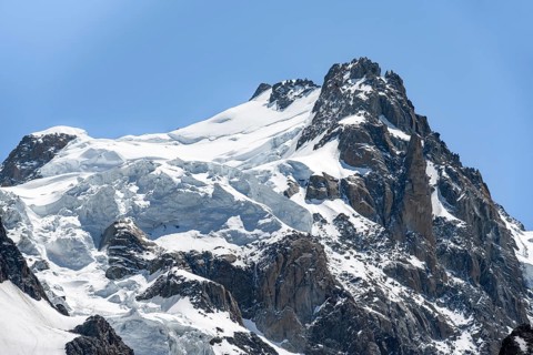 High alpine mountain landscape with glacier, summit of Mont Maudit, Chamonix, Haute-Savoie, France,