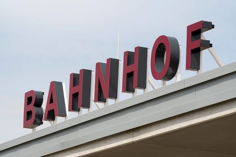 Railway station, letters on the roof, Dülmen, Münsterland, North Rhine-Westphalia, Germany, Europe