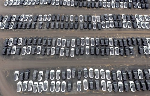 Aerial view of Tesla Y models produced in the Tesla Giga Factory, Grünheide, 28 01 2023
