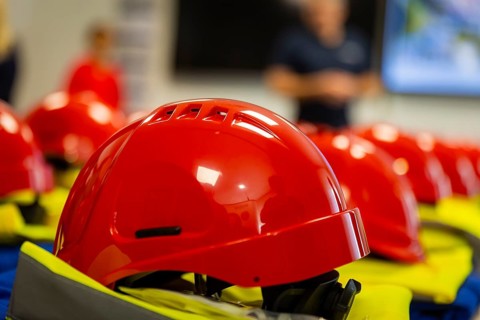 Health and safety equipment for a factory tour at Ecobat Resources Freiberg, Freiberg, Saxony,