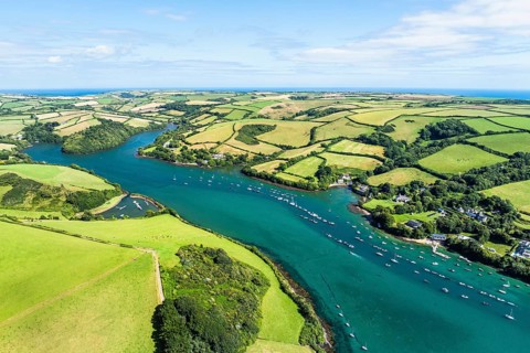 Salcombe and Mill Bay over Kingsbridge Estuary from a drone, Batson Creek, Southpool Creek, Devon,