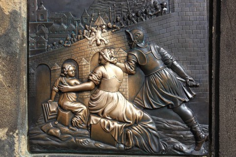 Part of the monument commemorating the drowning of St John Nepomuk on Charles Bridge, Prague, Czech