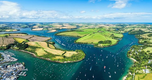 Panorama of Salcombe and Mill Bay over Kingsbridge Estuary from a drone, Batson Creek, Southpool