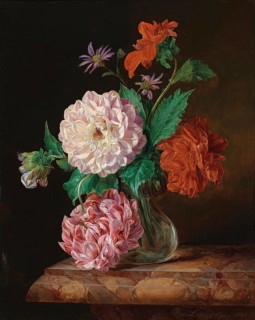 Bouquet of flowers with dahlias, painting by Josef Lauer (1818, 1881), Austrian still life painter
