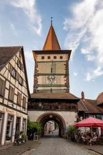 Half-timbered buildings with the Obertorturm, Haigeracher Tor, historic town tower and landmark in