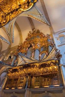 Magnificent baroque organ with detailed carvings and golden decorations, cathedral, Santiago de