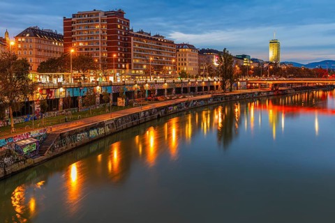 Illuminated Franz-Josefs Quay on the Danube Canal, evening mood, Vienna Austria