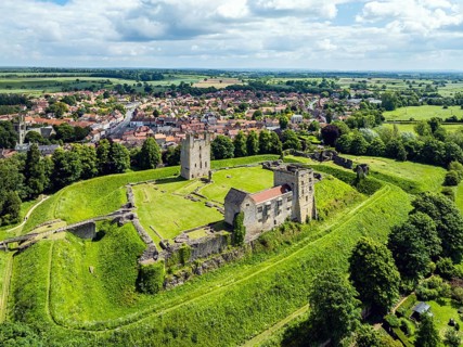 Helmsley Castle from a drone, North York Moors National Park, North Yorkshire, England, United