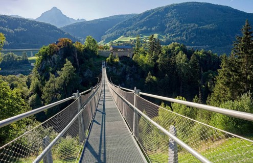 Suspension bridge at Matrei-Trautson Castle, Matrei am Brenner, Wipptal, Tyrol, Austria, Europe