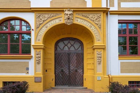 Left entrance portal of the Luitpold primary school, built in 1901 in Art Nouveau style,