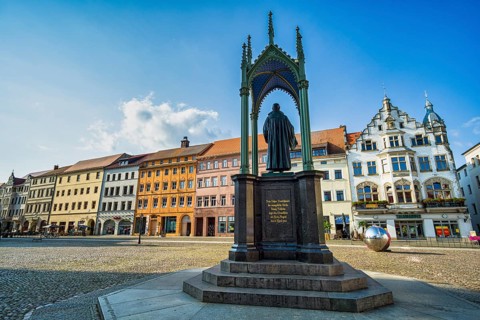 Melanchthon Monument, Market Square Luther city Wittenberg, Saxony-Anhalt, Germany, Europe