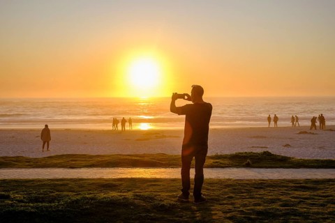 Sunset on the beach, Camps Bay Beach, near Cape Town, South Africa, Africa