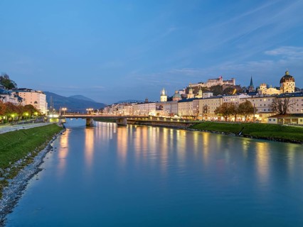 View of the fortress Hohen Salzburg, old town of Salzburg, Salzach, blue hour, autumn, Salzburg,
