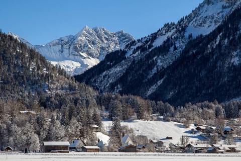 Winter landscape in the snow, behind St, Loretto and mountains of the Allgäu Alps, Oberstdorf,
