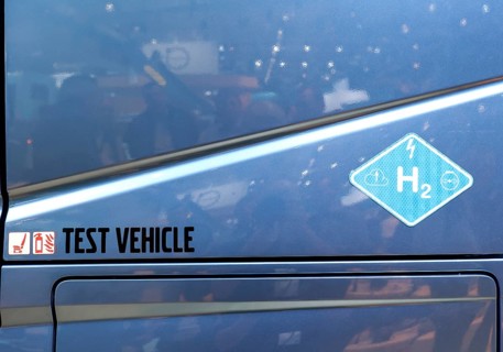 H2 hydrogen fuel cell logo on a Volvo truck at the IAA Transportation trade fair, Hanover,